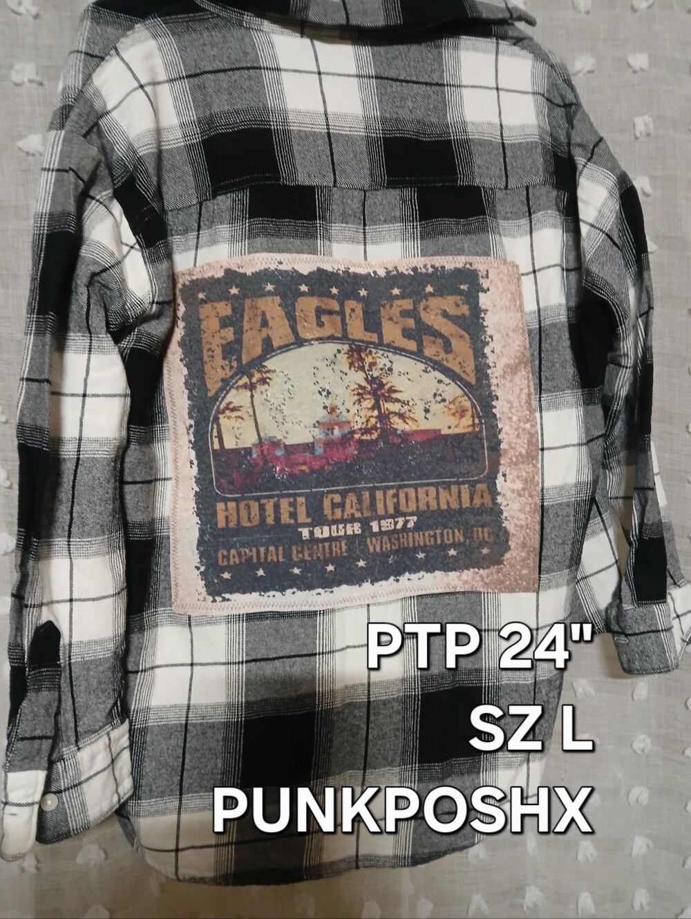 UPCYCLED EAGLES HOTEL CALIFORNIA GRAPHIC ON FLANNEL UNISEX SZ LARGE